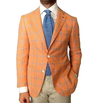 2023 Мъжки костюм палто Случайни мода оранжево каре печат поло яка костюм палто дълъг ръкав двоен бутон случайни ежедневно облекло палто