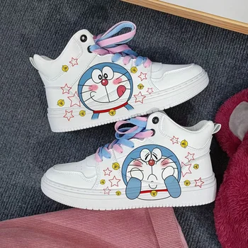 2024 Нови Doraemon отпечатани тенис обувки за деца, студенти и младежи бели ежедневни спортни обувки карикатура подарък за рожден ден