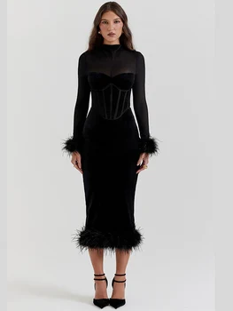LZEQuella Реколта жените черно кадифе кожа висока талия тънък рокля дама дълъг ръкав парти елегантен ретро вечер вестидос 2024 ново