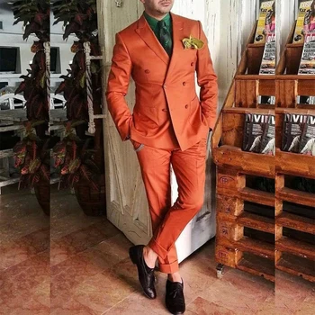 STEVDITG Оранжеви мъжки костюми пълен комплект връх ревера двуреден абитуриентски парти костюми комплект случайни 2 парче яке панталони костюм