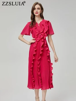 ZZSLUIA Дамски плисирани рокли Къдри Дизайнер Shirring тънък лято Midi рокля мода къс ръкав Ruched елегантни рокли
