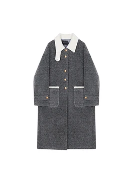 Дамски сив вълнен шинел 90-те мода корейски реколта 2000s връхни дрехи топло дълго палто яке ново в палта & якета зима есен