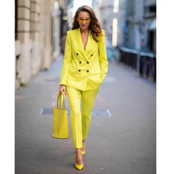 Елегантни официални костюми за жени офис дама жълт по поръчка двуреден връх ревера две части яке панталони тънък годни кърпа
