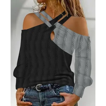 Жените елегантна риза с дълъг ръкав улично облекло Colorblock Crisscross студено рамо текстурирани отгоре Y2K шик дрехи