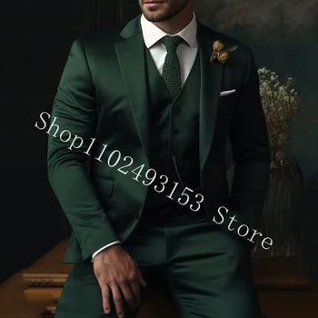 Мъже Костюми Green Groom Tuxedos Blazer Slim Fit Groomsmen Сватбени костюми Костюм Homme Mariage Terno Masculino Яке + Жилетка + Панталони