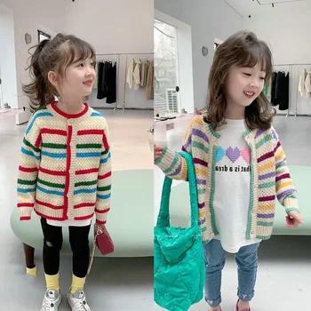 Палто за момичета Корейска мода Пролет Есен Бебе Момичета Палта Цветни раирани плетени пуловери Едноредни жилетки за малки деца