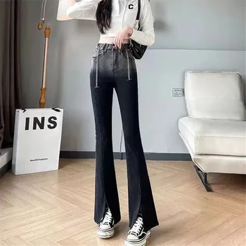 черен сив градиент цвят дизайн дънкови панталони разкроени корейски модни цепки висока талия прилив панталони дънки тънък женски звънец дъна